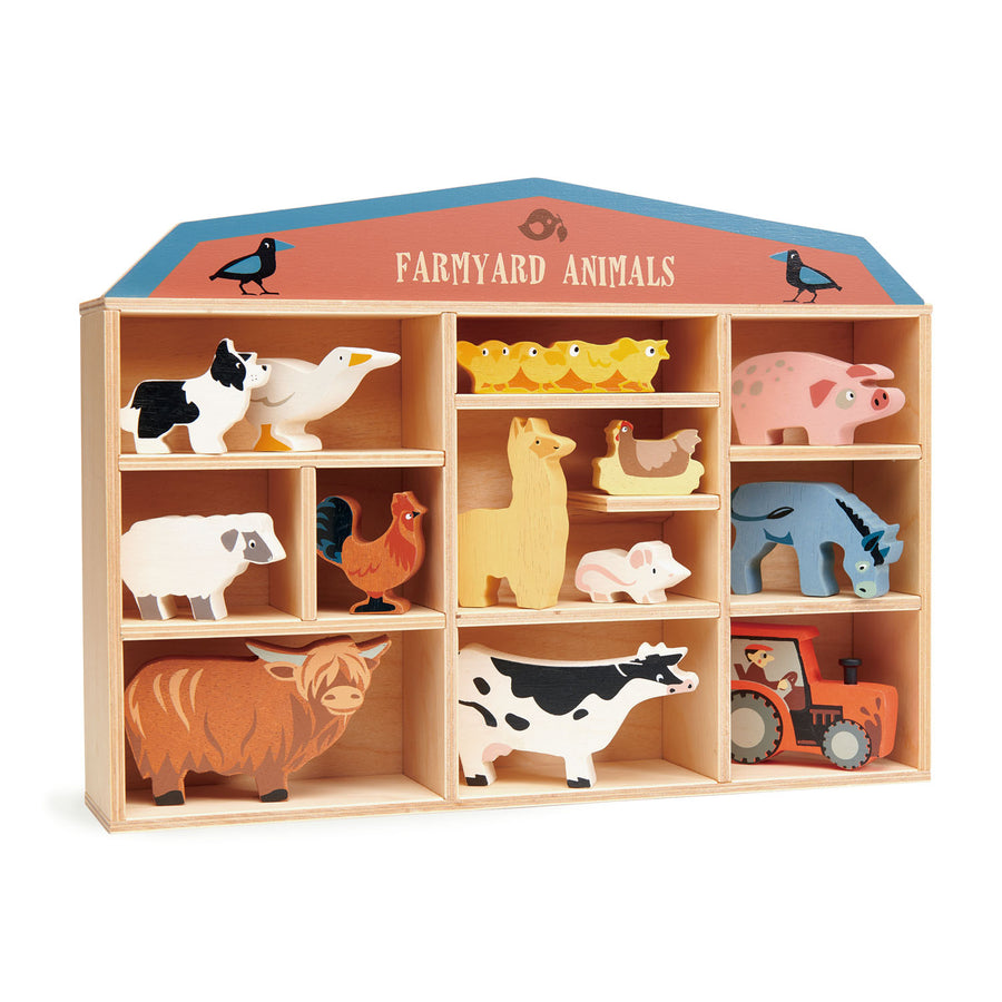 Farmyard Shelf with 13 Wooden Animals Tender Leaf Toys