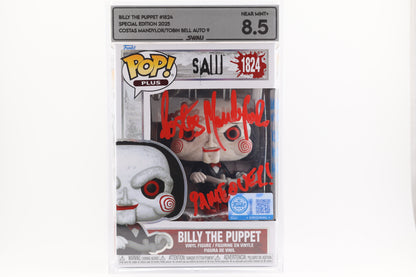 #1824 Billy the Puppet SIGNED by Tobin Bell and Costas Mandylor Saw / Jigsaw Horror Movies Graded and SWAU Encapsulated Funko Pop Grade 8.5, Auto Grade 9