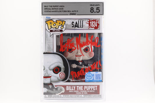 #1824 Billy the Puppet SIGNED by Tobin Bell and Costas Mandylor Saw / Jigsaw Horror Movies Graded and SWAU Encapsulated Funko Pop Grade 8.5, Auto Grade 9