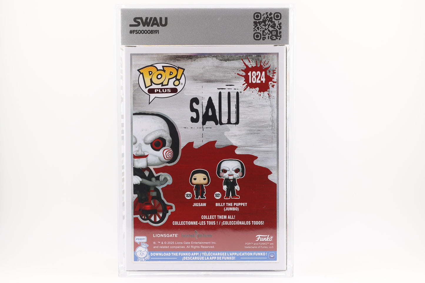 #1824 Billy the Puppet SIGNED by Tobin Bell and Costas Mandylor Saw / Jigsaw Horror Movies Graded and SWAU Encapsulated Funko Pop Grade 8.5, Auto Grade 9