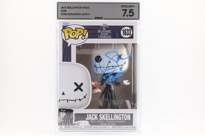 #1633 Jack Skellington SIGNED by Chris Sarandon NBC Disney Graded and SWAU Encapsulated Funko Pop Grade 7.5, Auto Grade 9