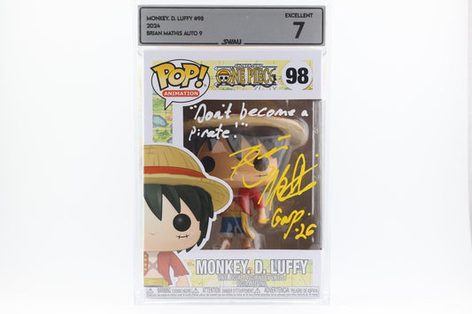 #98 Monkey D Luffy SIGNED by Brian Mathis One Piece Animation Graded and SWAU Encapsulated Funko Pop Grade 7, Auto Grade 9