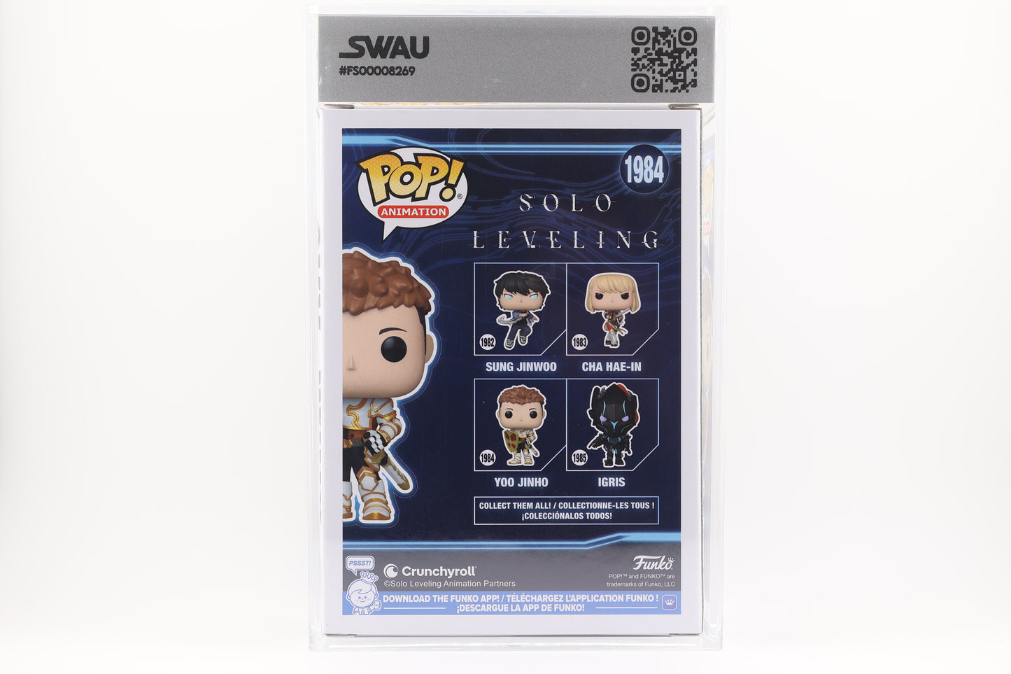 #1984 Yoo Jinho SIGNED by Justin Briner Solo Levelling Animation Graded and SWAU Encapsulated Funko Pop Grade 7.5, Auto Grade 10