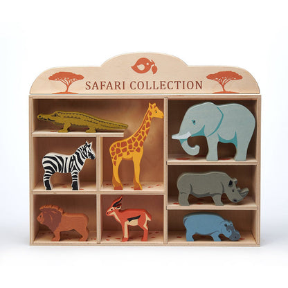 8 Safari Animals and Shelf Wooden Tender Leaf Toys Display