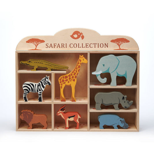 8 Safari Animals and Shelf OPEN BOX Wooden Tender Leaf Toys Display